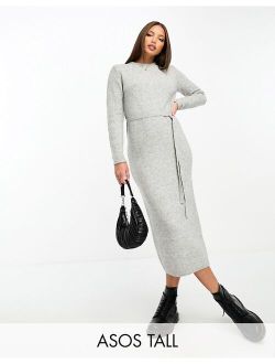 ASOS Tall ASOS DESIGN Tall knitted midi dress with tie waist in gray