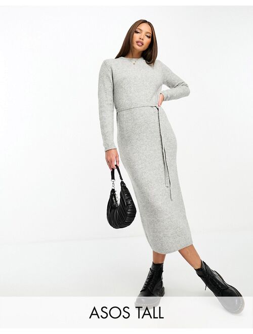 ASOS Tall ASOS DESIGN Tall knitted midi dress with tie waist in gray