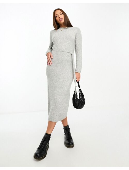 ASOS Tall ASOS DESIGN Tall knitted midi dress with tie waist in gray