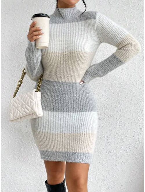 SHEIN Priv Color Block Mock Neck Sweater Dress