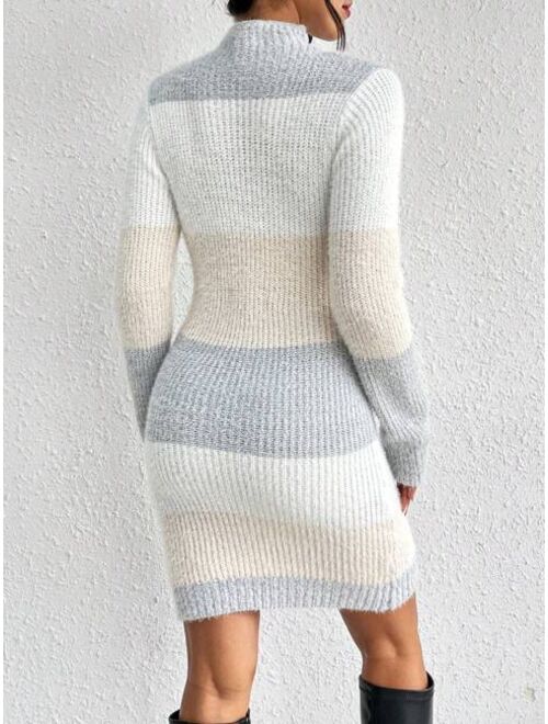 SHEIN Priv Color Block Mock Neck Sweater Dress