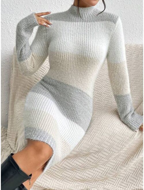 SHEIN Priv Color Block Mock Neck Sweater Dress