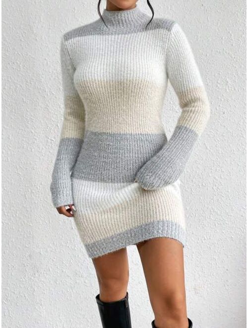 SHEIN Priv Color Block Mock Neck Sweater Dress