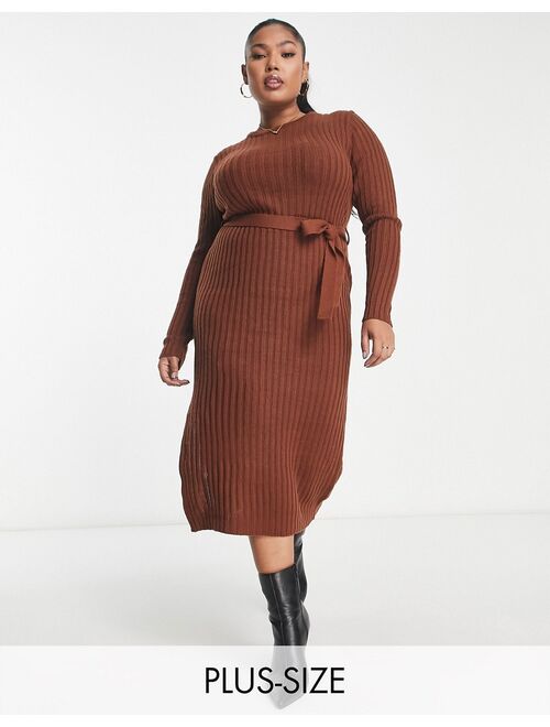 Brave Soul Plus eddie knit dress with slit in chocolate brown