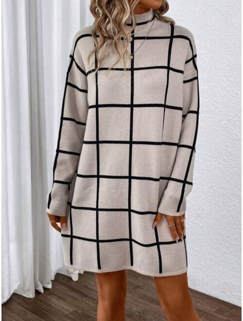 SHEIN Essnce Plaid Pattern Mock Neck Drop Shoulder Sweater Dress