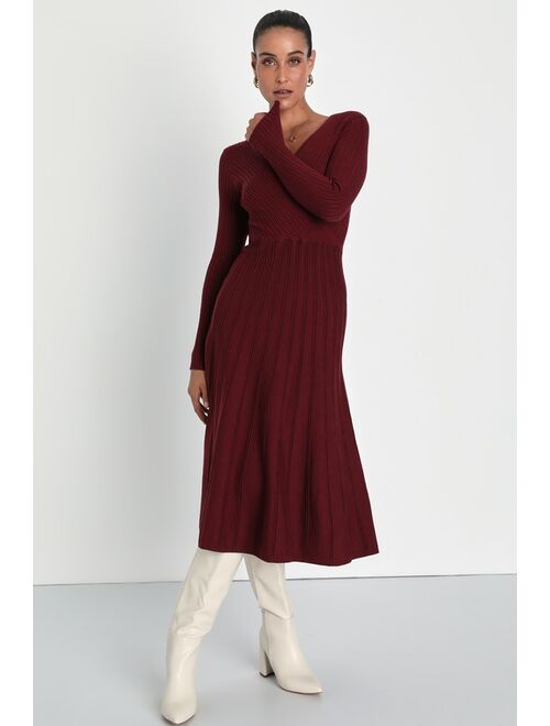 Lulus Cozy Inspiration Burgundy Ribbed Skater Midi Sweater Dress