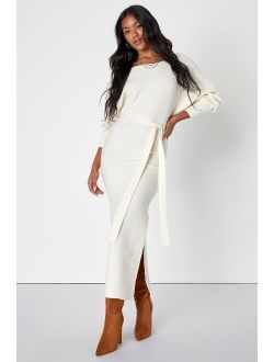 Cozy Captivation Ivory Ribbed Dolman Sleeve Midi Sweater Dress