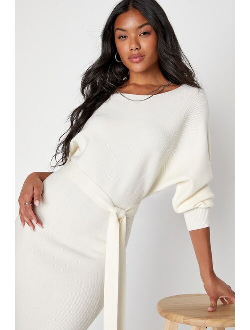 Lulus Cozy Captivation Ivory Ribbed Dolman Sleeve Midi Sweater Dress