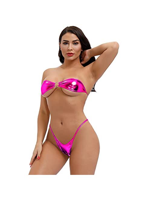 EVAbaby Women Micro Bikini Set Mini 2 Piece Swimwear Sexy PU Leather Strapless Bra G-String Thong Beachwear Swimsuit