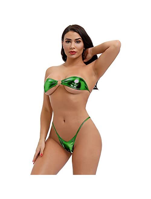 EVAbaby Women Micro Bikini Set Mini 2 Piece Swimwear Sexy PU Leather Strapless Bra G-String Thong Beachwear Swimsuit