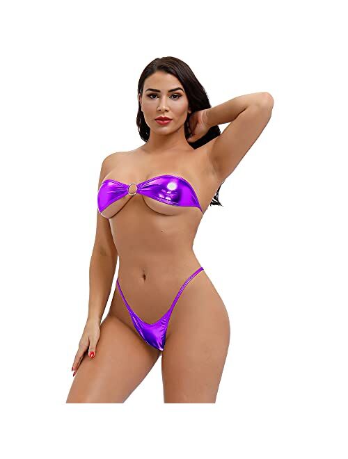 EVAbaby Women Micro Bikini Set Mini 2 Piece Swimwear Sexy PU Leather Strapless Bra G-String Thong Beachwear Swimsuit