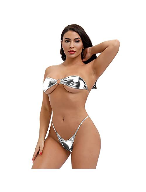 EVAbaby Women Micro Bikini Set Mini 2 Piece Swimwear Sexy PU Leather Strapless Bra G-String Thong Beachwear Swimsuit