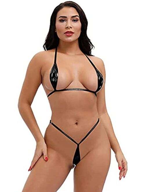 DeSeeni Halter Micro Bikini Set Leather Triangle Swimsuit 2 Piece Sexy Women Thong Bikini Lingerie