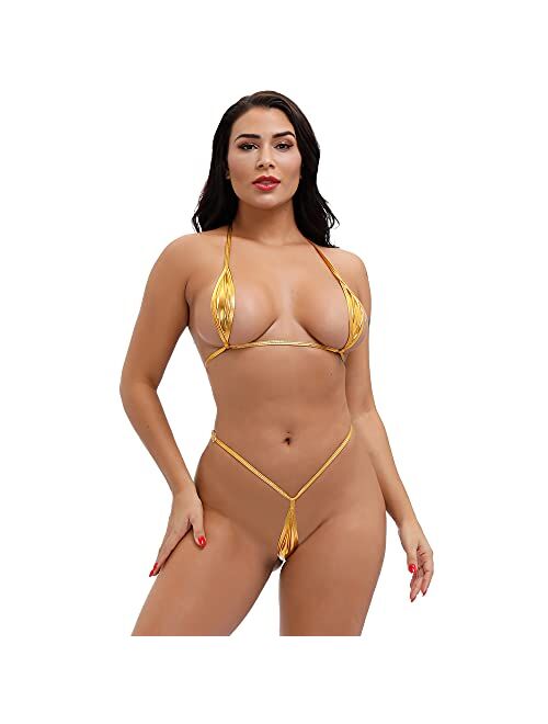 DeSeeni Halter Micro Bikini Set Leather Triangle Swimsuit 2 Piece Sexy Women Thong Bikini Lingerie