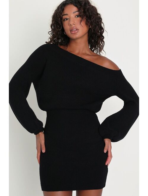 Lulus Plush Vibes Black Off-the-Shoulder Mini Sweater Dress