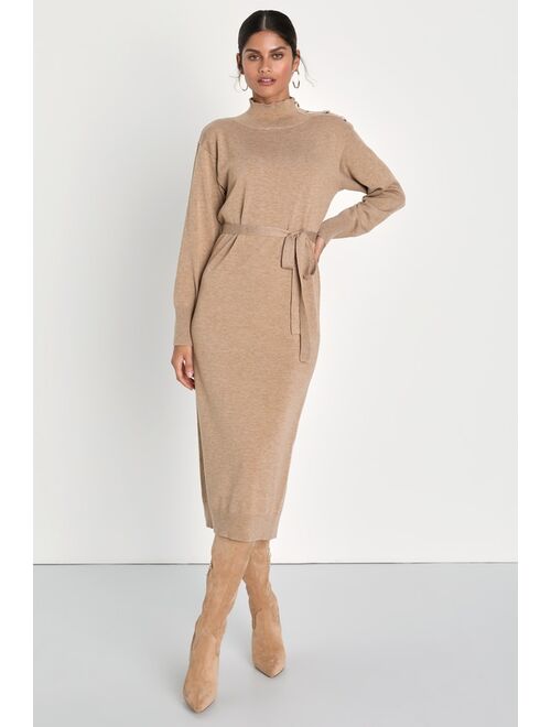 Lulus Cozy Darling Heather Beige Mock Neck Midi Sweater Dress