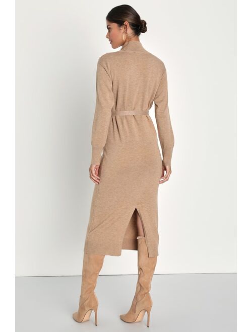 Lulus Cozy Darling Heather Beige Mock Neck Midi Sweater Dress