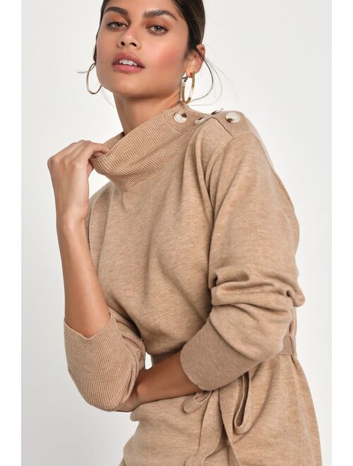 Lulus Cozy Darling Heather Beige Mock Neck Midi Sweater Dress