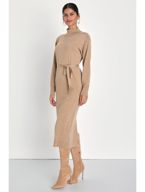 Lulus Cozy Darling Heather Beige Mock Neck Midi Sweater Dress