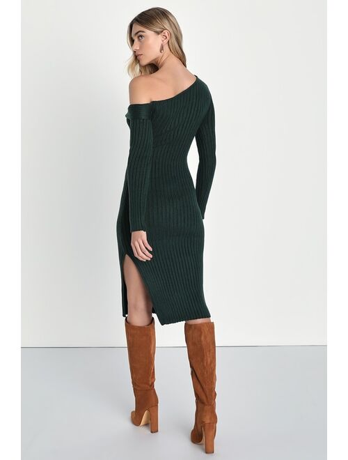 Lulus Fireside Sweetie Emerald Off-the-Shoulder Midi Sweater Dress