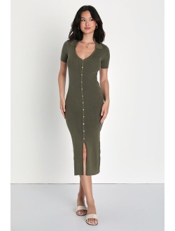 Excellent Energy Beige Ribbed Knit Collared Midi Dress