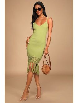 Sunny Festival Light Green Ribbed Knit Fringe Midi Dress