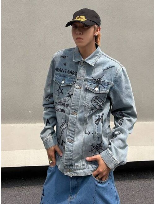 Men Slogan Graphic Flap Pocket Denim Jacket