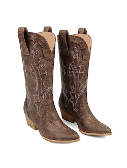 Zzheels Women Mid-calf Cowboy Boots Pointy Toe Boots Embroidered Western Cowgirl Boots Chunky Heels