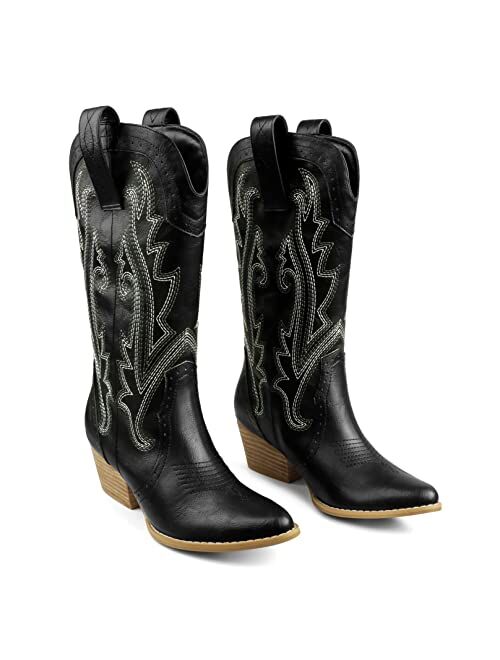 Zzheels Women Mid-calf Cowboy Boots Pointy Toe Boots Embroidered Western Cowgirl Boots Chunky Heels