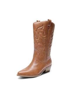 Women's Cowboy Boots Pull On Cowgirl Boots Mid Calf Western Boots