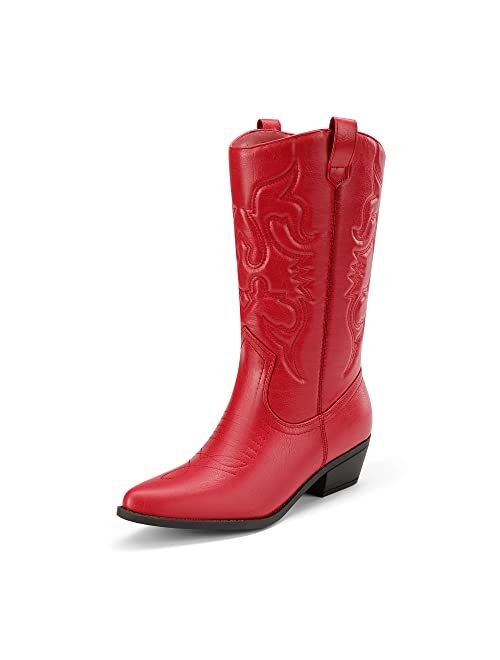 DREAM PAIRS Women's Cowboy Boots Pull On Cowgirl Boots Mid Calf Western Boots