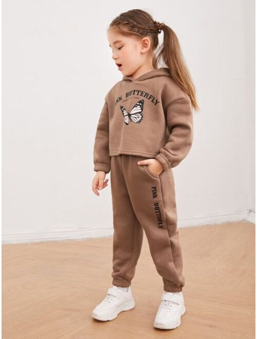 SHEIN Kids EVRYDAY Toddler Girls Slogan & Butterfly Print Drop Shoulder Hoodie & Sweatpants