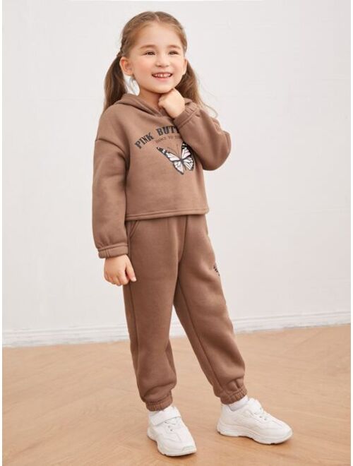 SHEIN Kids EVRYDAY Toddler Girls Slogan & Butterfly Print Drop Shoulder Hoodie & Sweatpants