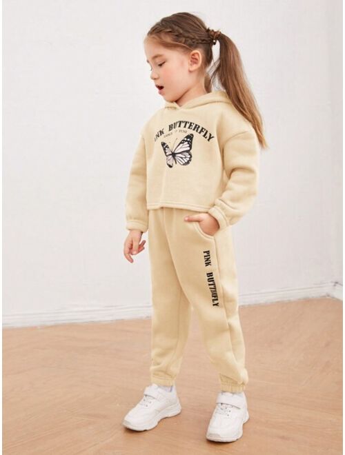 SHEIN Kids EVRYDAY Toddler Girls Slogan & Butterfly Print Drop Shoulder Hoodie & Sweatpants