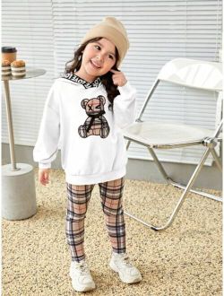 Kids EVRYDAY Toddler Girls Letter & Bear Print Drop Shoulder Hoodie & Plaid Print Leggings