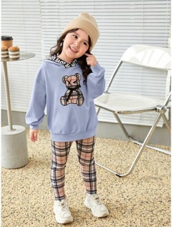 Kids EVRYDAY Toddler Girls Letter & Bear Print Drop Shoulder Hoodie & Plaid Print Leggings