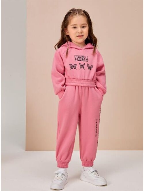 SHEIN Sleepyhouse Toddler Girls Slogan And Butterfly Print Drop Shoulder Hoodie & Sweatpants