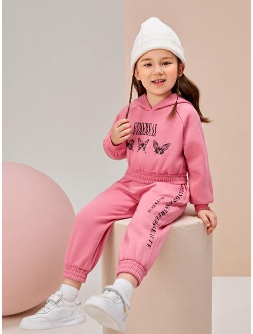 SHEIN Sleepyhouse Toddler Girls Slogan And Butterfly Print Drop Shoulder Hoodie & Sweatpants