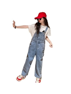 Rolanko Girls Overalls Denim Bib Distressed Jumpsuit Kids Blue Baggy Jean Pants 4-14 Years with Pockets