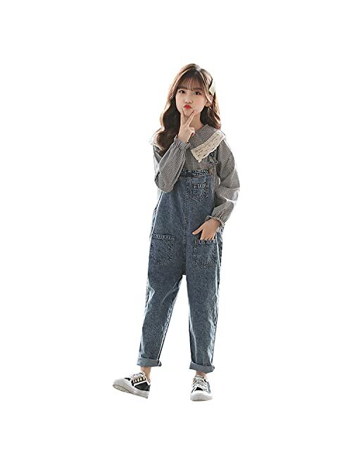 Rolanko Girls Overalls Denim Bib Distressed Jumpsuit Kids Blue Baggy Jean Pants 4-14 Years with Pockets