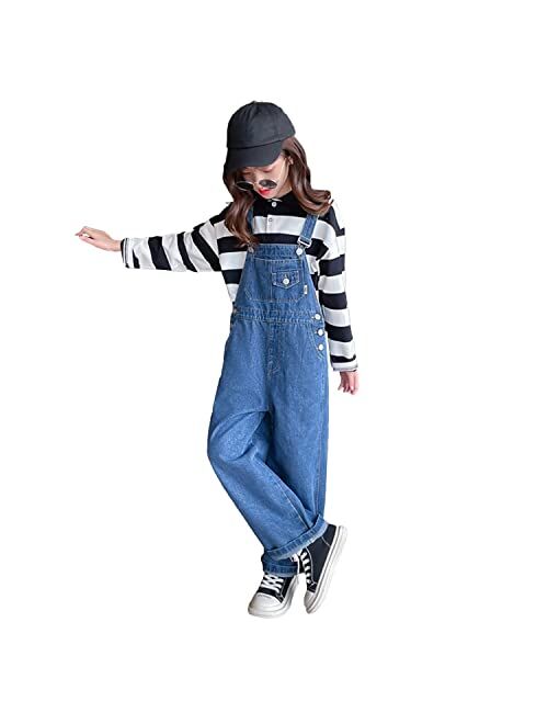 Rolanko Girls Overalls Denim Bib Distressed Jumpsuit Kids Blue Baggy Jean Pants 4-14 Years with Pockets