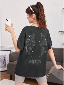 Teen Girls Rhinestone Wing Pattern Drop Shoulder Tee