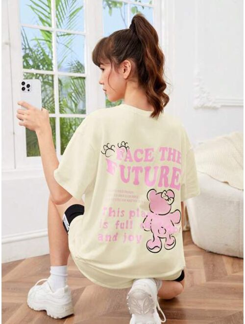 SHEIN Teen Girls Slogan & Cartoon Graphic Drop Shoulder Tee