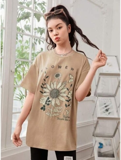 Teen Girl Sunflower & Slogan Graphic Drop Shoulder Oversized Tee