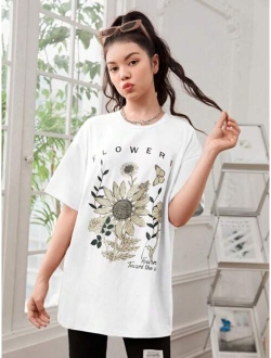 Teen Girl Sunflower & Slogan Graphic Drop Shoulder Oversized Tee