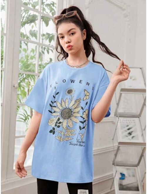 SHEIN Teen Girl Sunflower & Slogan Graphic Drop Shoulder Oversized Tee