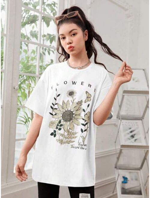 SHEIN Teen Girl Sunflower & Slogan Graphic Drop Shoulder Oversized Tee