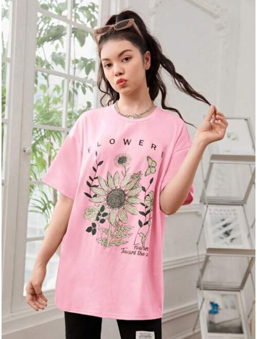 SHEIN Teen Girl Sunflower & Slogan Graphic Drop Shoulder Oversized Tee