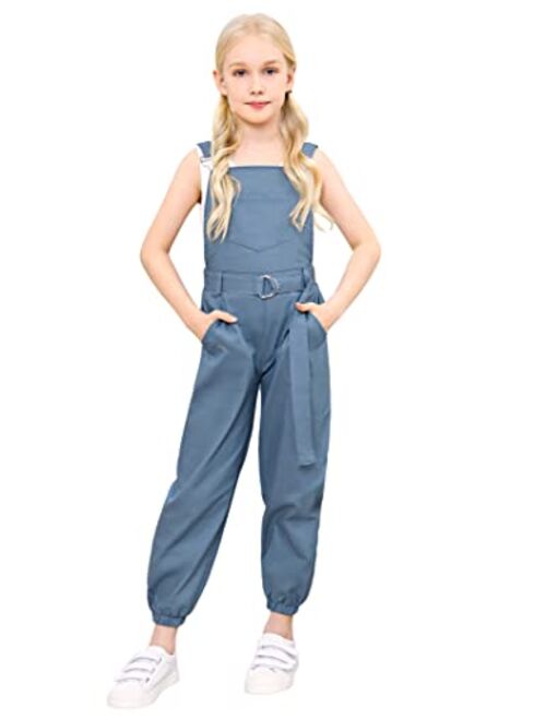 GERU Girls Overalls Kids Jumpsuit & Rompers Soft Denim Long Pants with Pockets & Belt 3-12Y