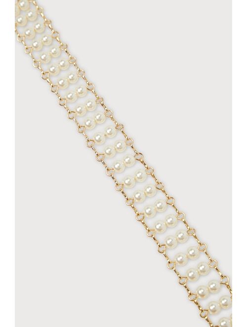 Lulus Decadent Vibe Gold Pearl Choker Statement Necklace